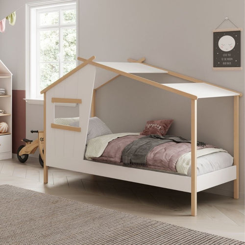 Letto a casetta Luba singolo in legno massiccio colore bianco