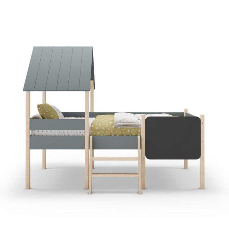 Letto a castello singolo Mint in legno massiccio con lavagnetta colore verde cachi e pino