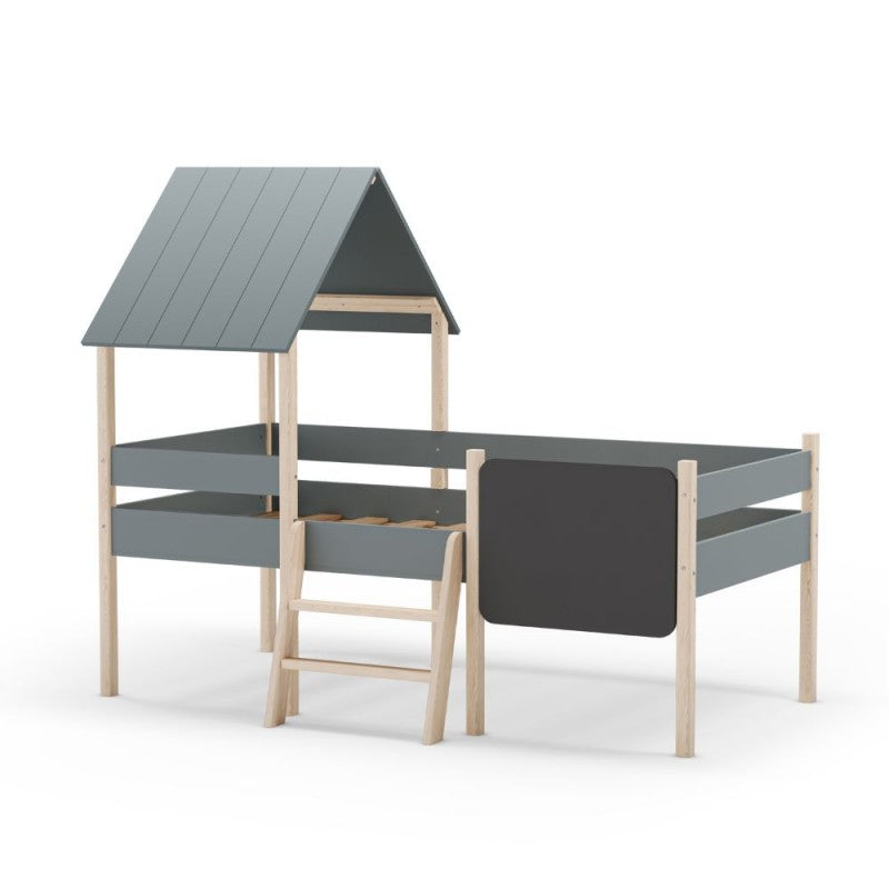 Letto a castello singolo Mint in legno massiccio con lavagnetta colore verde cachi e pino